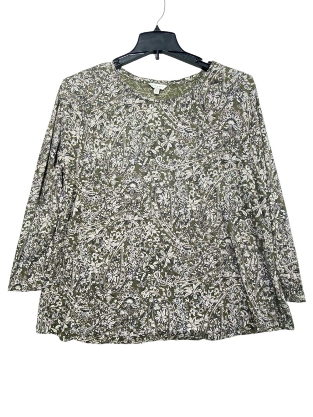 Lucky Brand Floral Paisley Tee Women's 1X Green Long Sleeve Round Neck Shirt